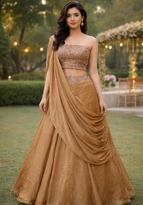 Beige Embroidered Silk Blend Lehenga Set