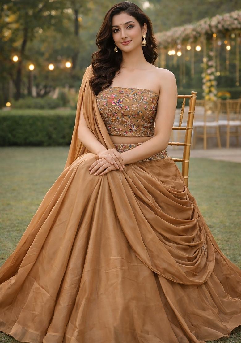 Beige Embroidered Silk Blend Lehenga Set - Indya