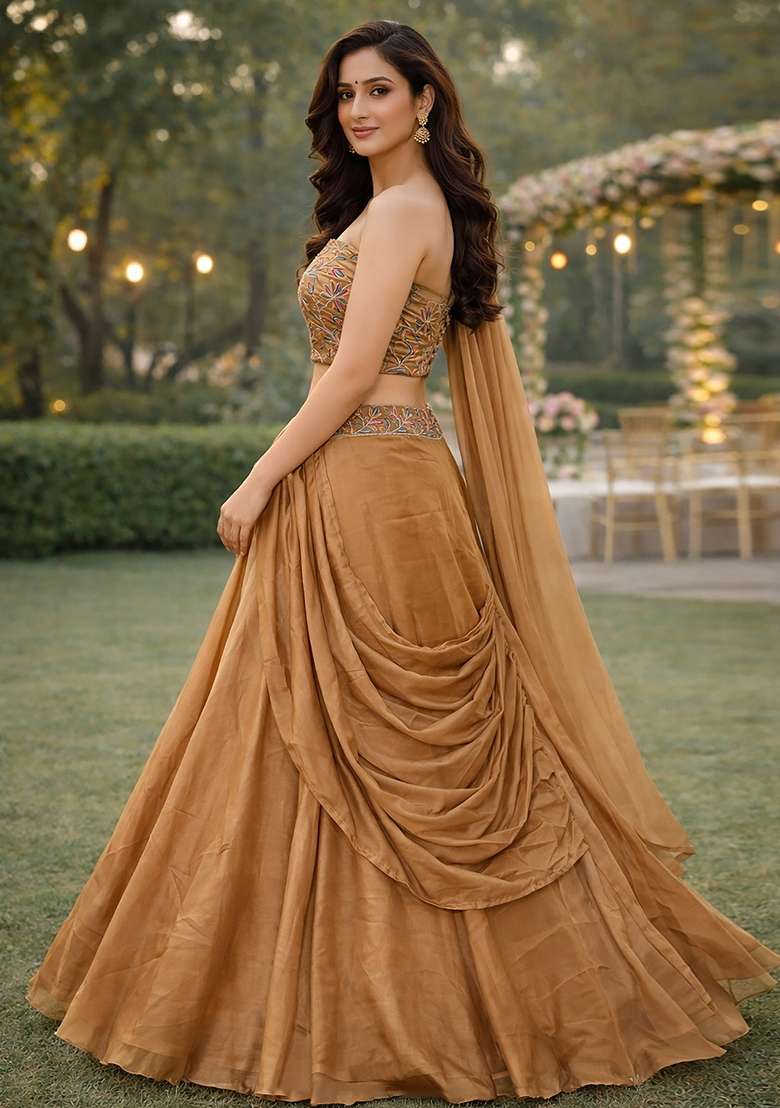 Beige Embroidered Silk Blend Lehenga Set for Diwali and Festive Wear - Indya