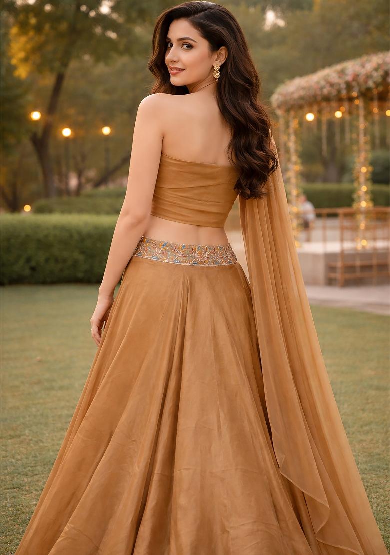 Beige Embroidered Silk Blend Lehenga Set - Indya