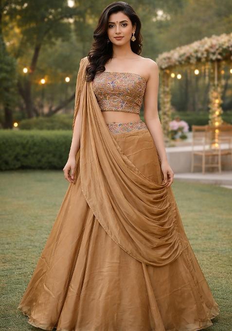 Beige Embroidered Silk Blend Lehenga Set