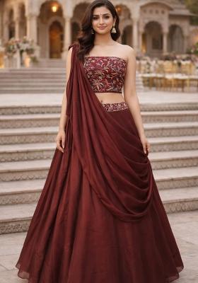 Dark Brown Embroidered Silk Blend Lehenga Set