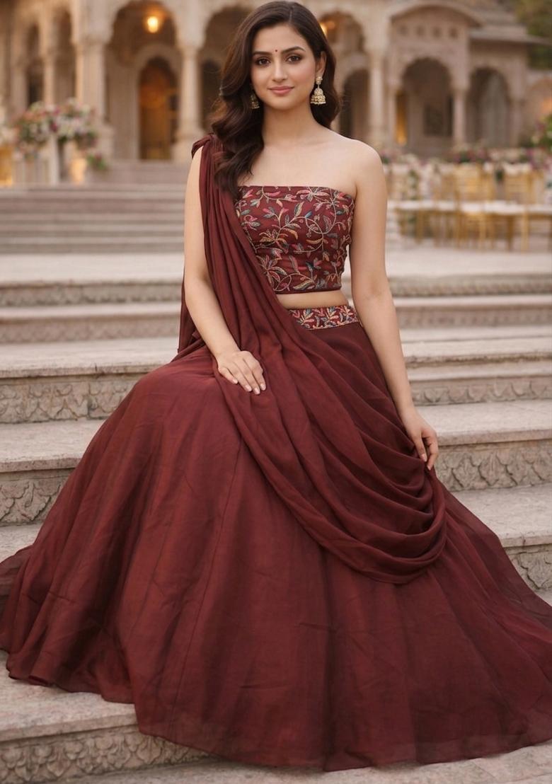 Dark Brown Embroidered Silk Blend Lehenga Set - Indya