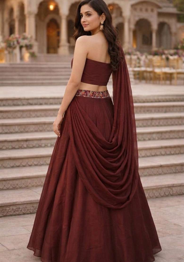 Dark Brown Embroidered Silk Blend Lehenga Set for Diwali and Festive Wear - Indya