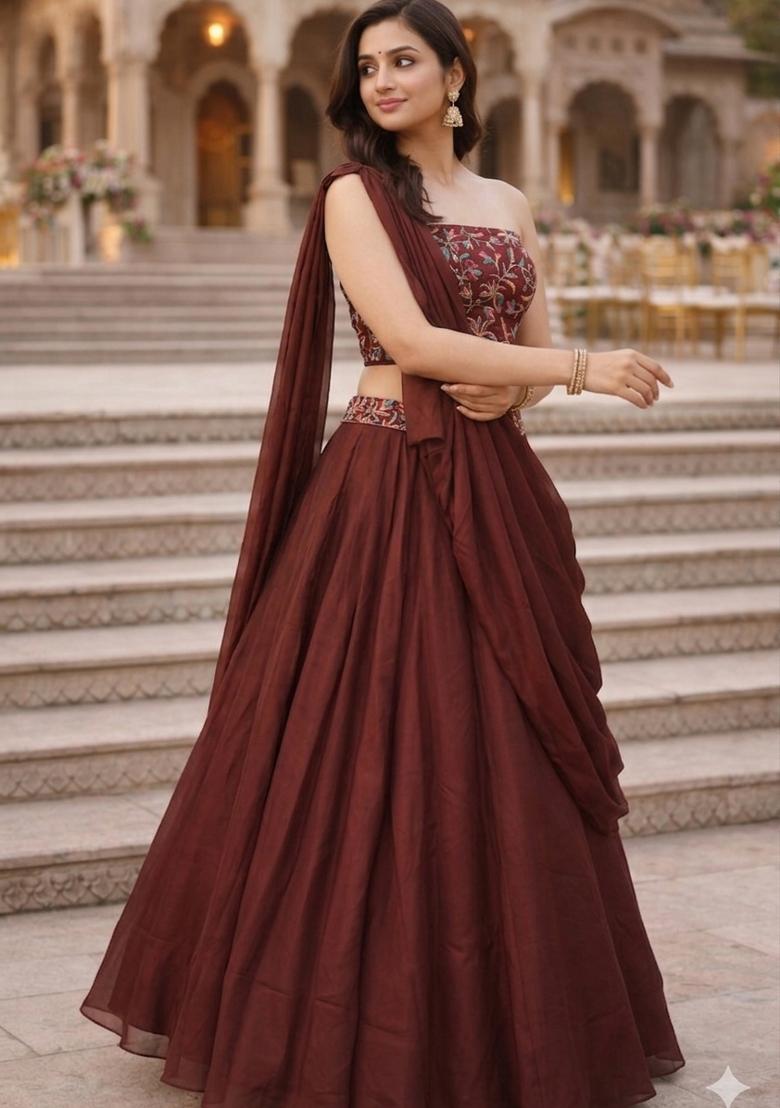 Dark Brown Embroidered Silk Blend Lehenga Set - Indya
