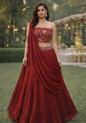 Maroon Embroidered Silk Blend Lehenga Set