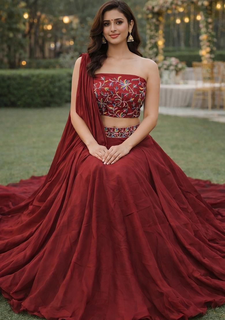 Maroon Embroidered Silk Blend Lehenga Set - Indya