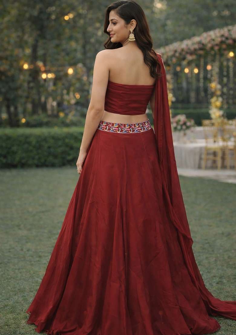 Maroon Embroidered Silk Blend Lehenga Set for Diwali and Festive Wear - Indya