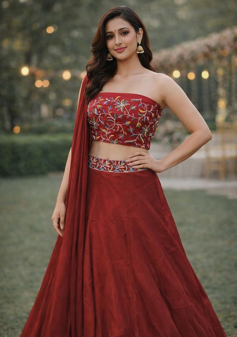 Maroon Embroidered Silk Blend Lehenga Set - Indya