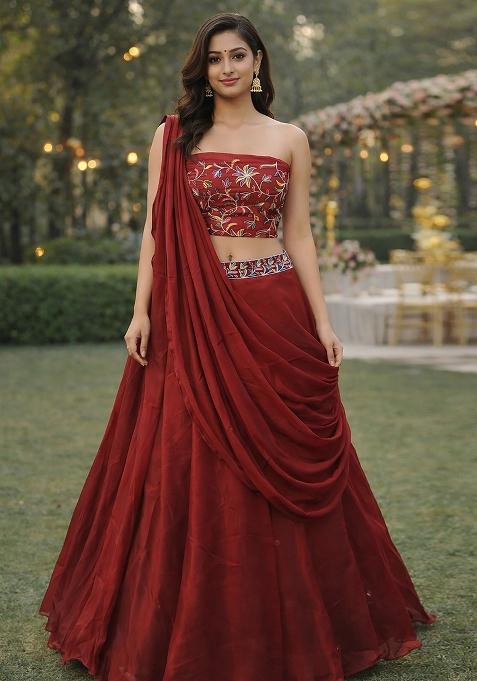 Maroon Embroidered Silk Blend Lehenga Set