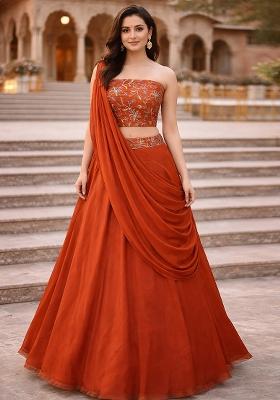 Orange Embroidered Silk Blend Lehenga Set