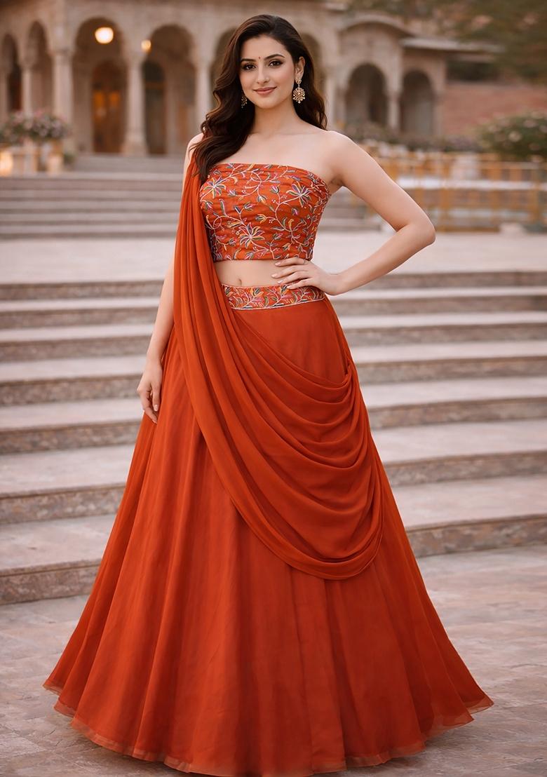Orange Embroidered Silk Blend Lehenga Set - Indya