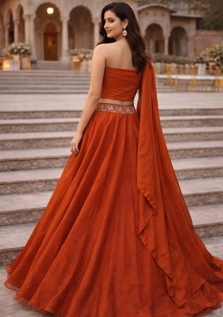 Orange Embroidered Silk Blend Lehenga Set for Diwali and Festive Wear - Indya