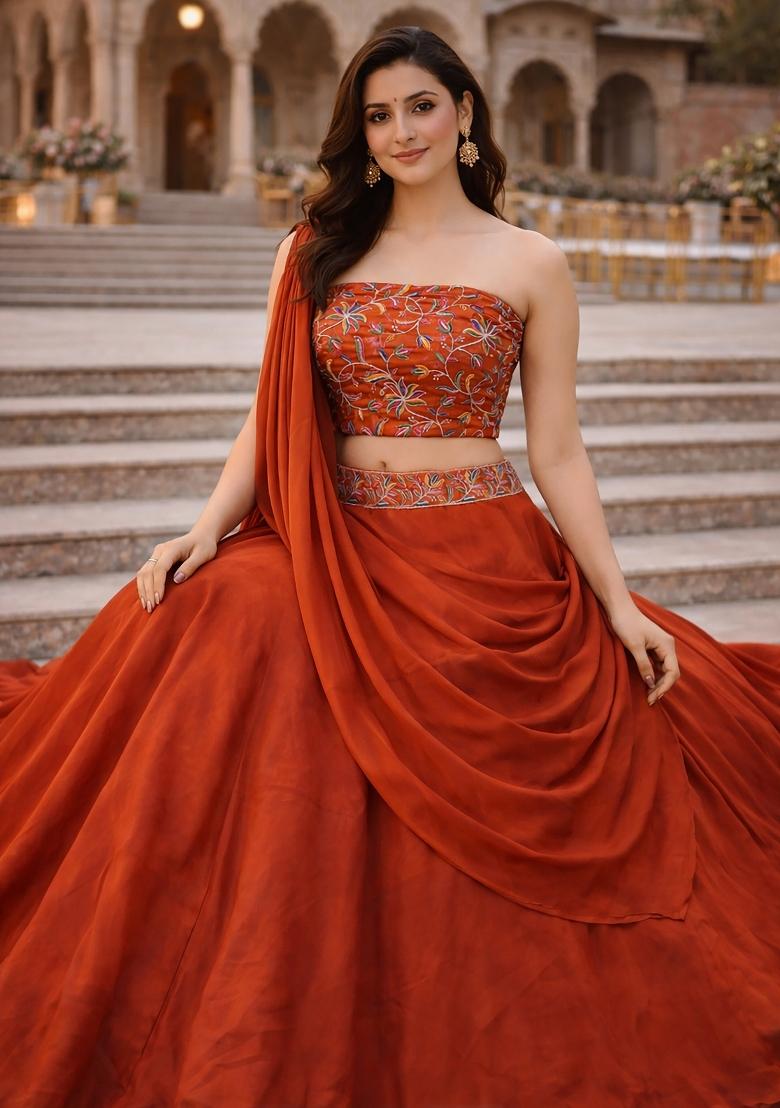 Orange Embroidered Silk Blend Lehenga Set - Indya