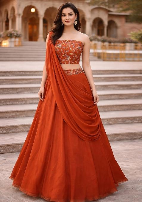 Orange Embroidered Silk Blend Lehenga Set