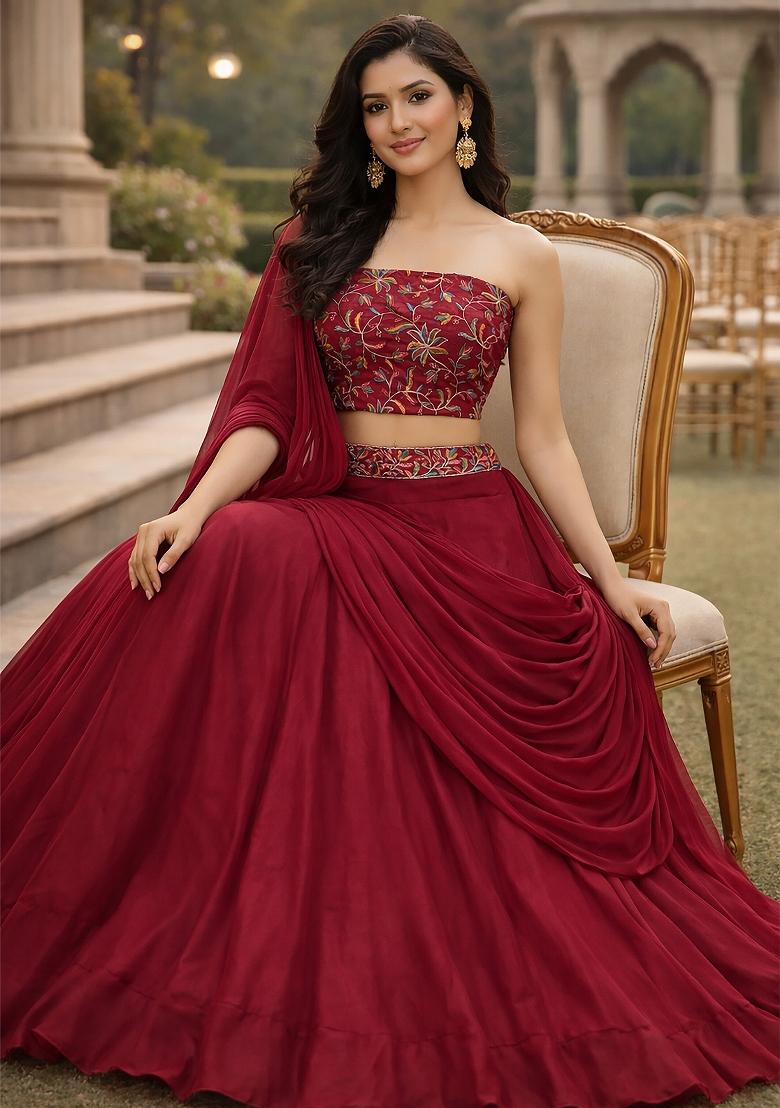 Pink Embroidered Silk Blend Lehenga Set - Indya