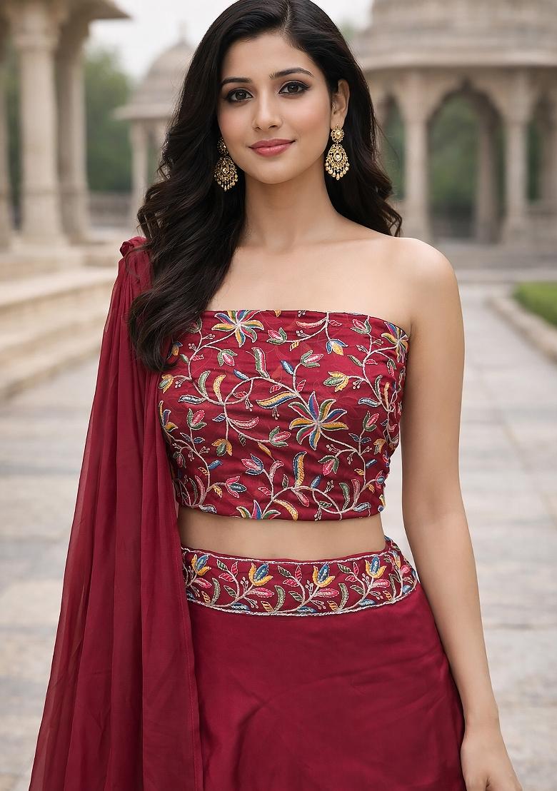 Pink Embroidered Silk Blend Lehenga Set - Indya