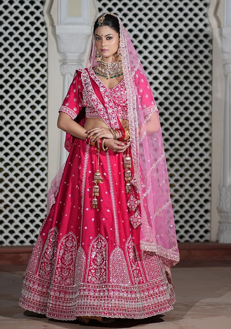 Pink Embroidered Silk Blend Lehenga Set - Indya