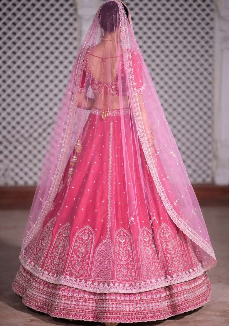 Pink Embroidered Silk Blend Lehenga Set - Indya