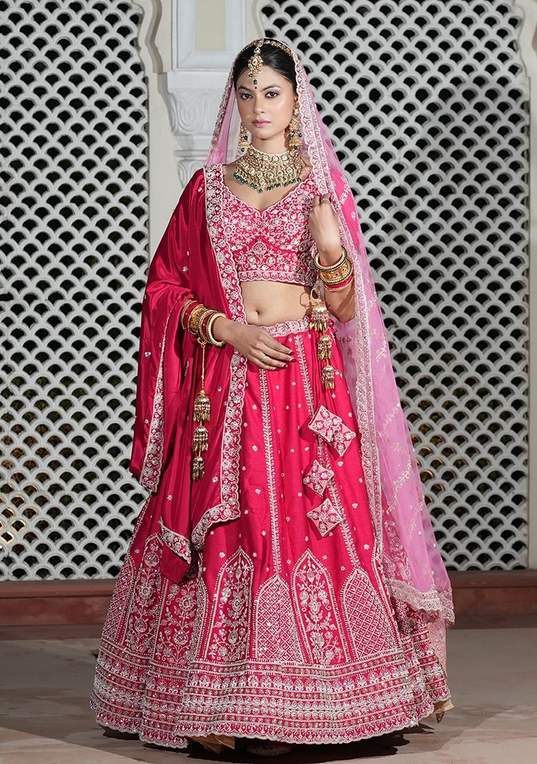 Pink Embroidered Silk Blend Lehenga Set - Indya