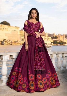 Brown Printed Chinon Lehenga Set