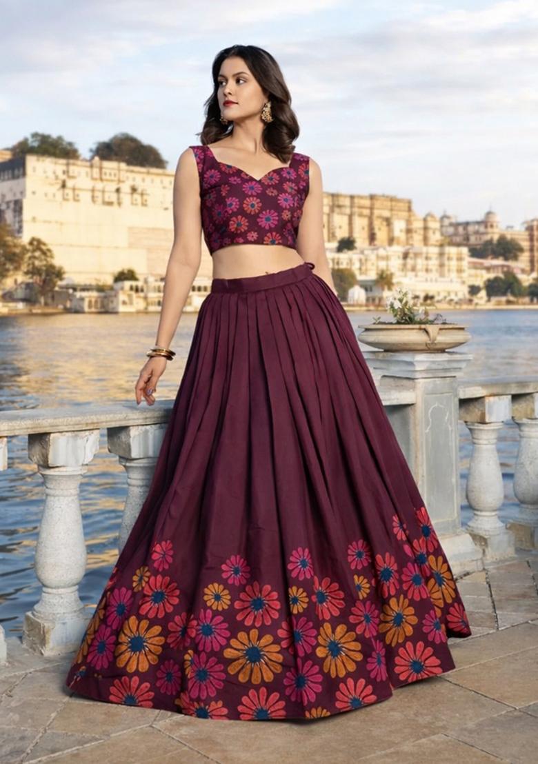 Brown Printed Chinon Lehenga Set - Indya