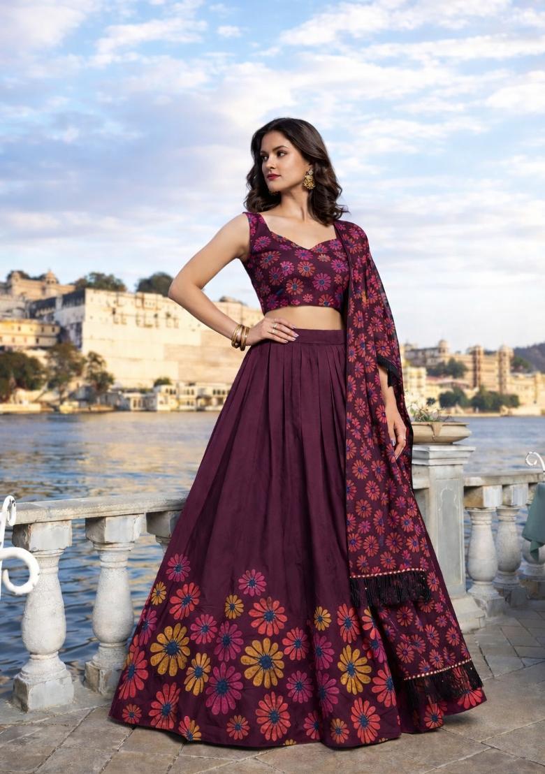 Brown Printed Chinon Lehenga Set - Indya