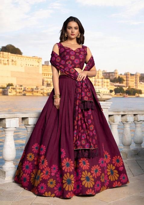 Brown Printed Chinon Lehenga Set