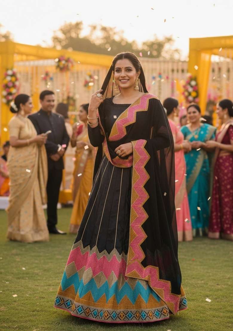 Black Silk Blend Lehenga Set with Embroidered for Diwali | Wedding & Festive Wear - Indya