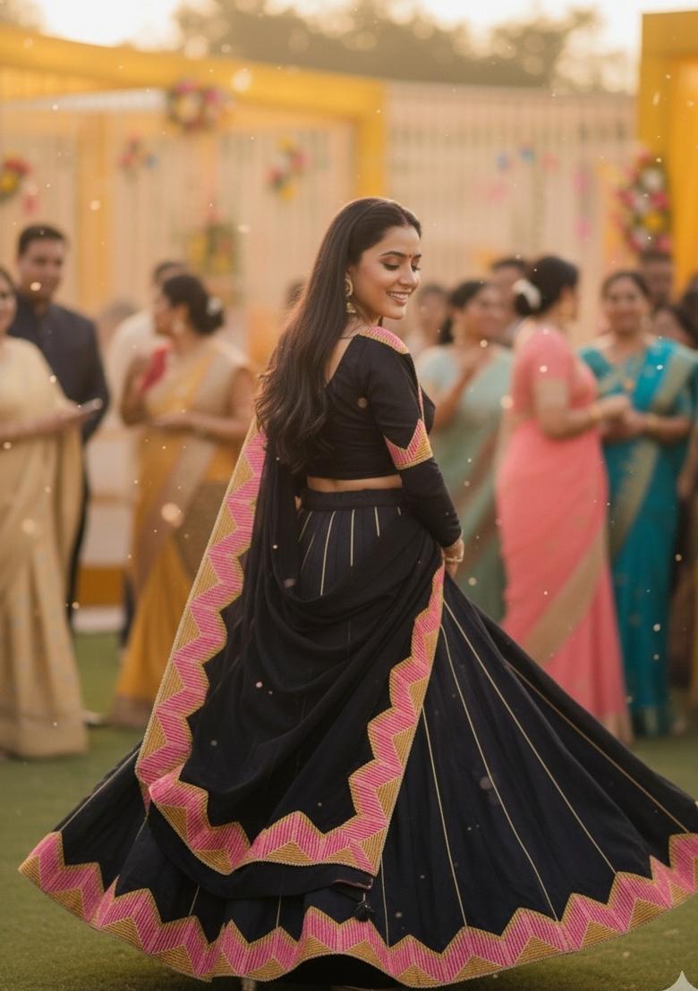 Black Embroidered Silk Blend Lehenga Set - Indya