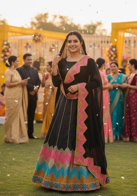 Black Embroidered Silk Blend Lehenga Set