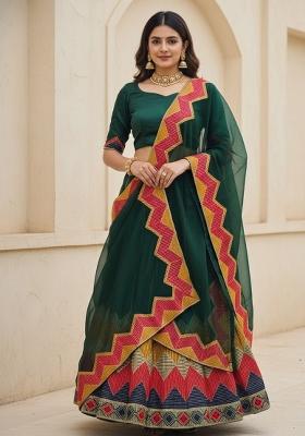 Green Embroidered Silk Blend Lehenga Set
