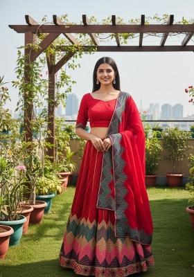 Red Embroidered Silk Blend Lehenga Set