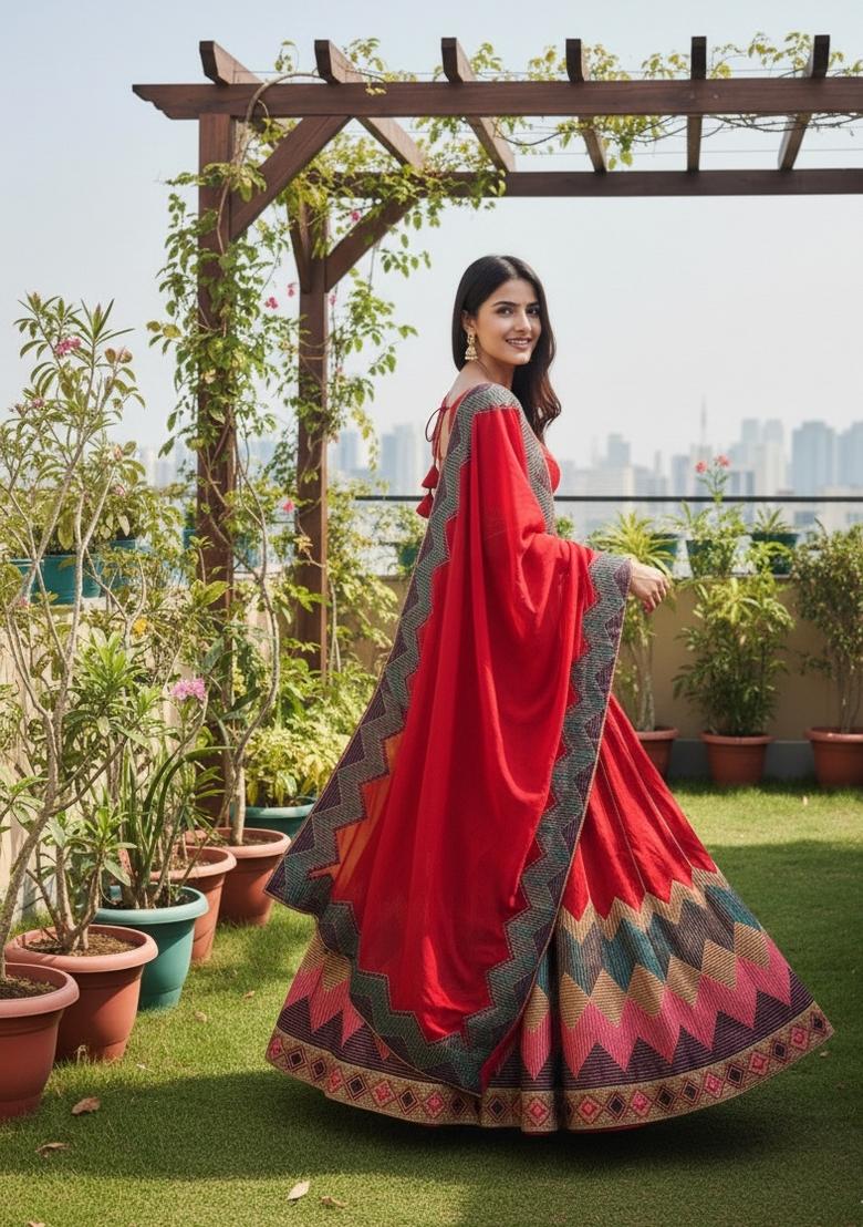 Red Embroidered Silk Blend Lehenga Set - Indya