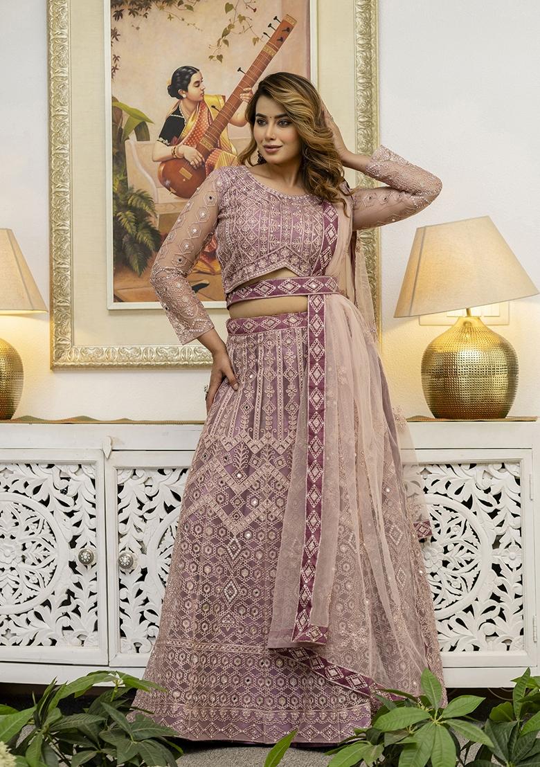 Dusty Embroidered Net Lehenga Set - Indya