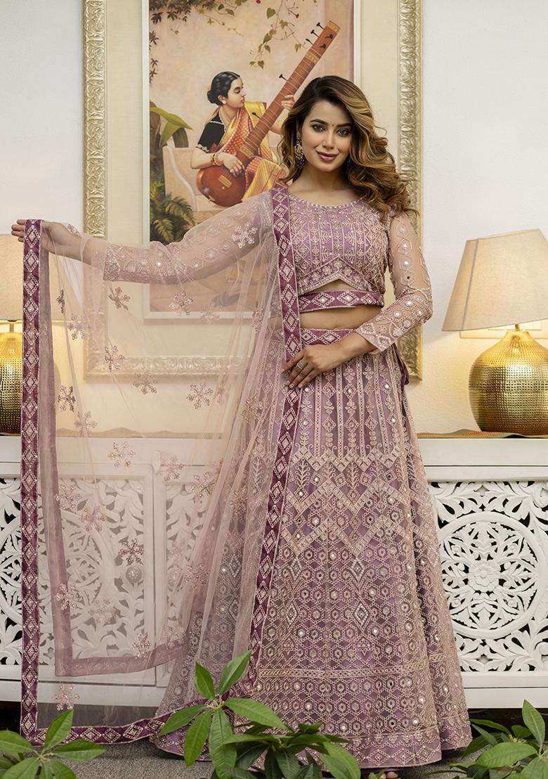 Dusty Embroidered Net Lehenga Set - Indya