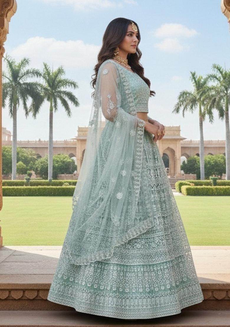 Sea Green Embroidered Net Lehenga Set - Indya