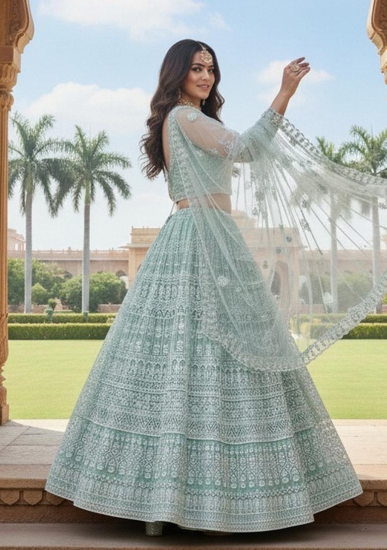 Sea Green Embroidered Net Lehenga Set - Indya