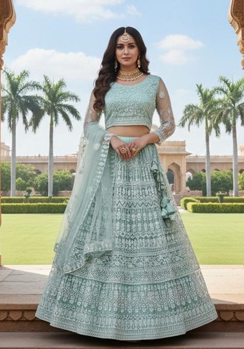 Sea Green Embroidered Net Lehenga Set