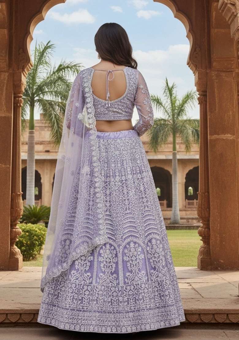 Lavender Embroidered Net Lehenga Set for Diwali and Festive Wear - Indya