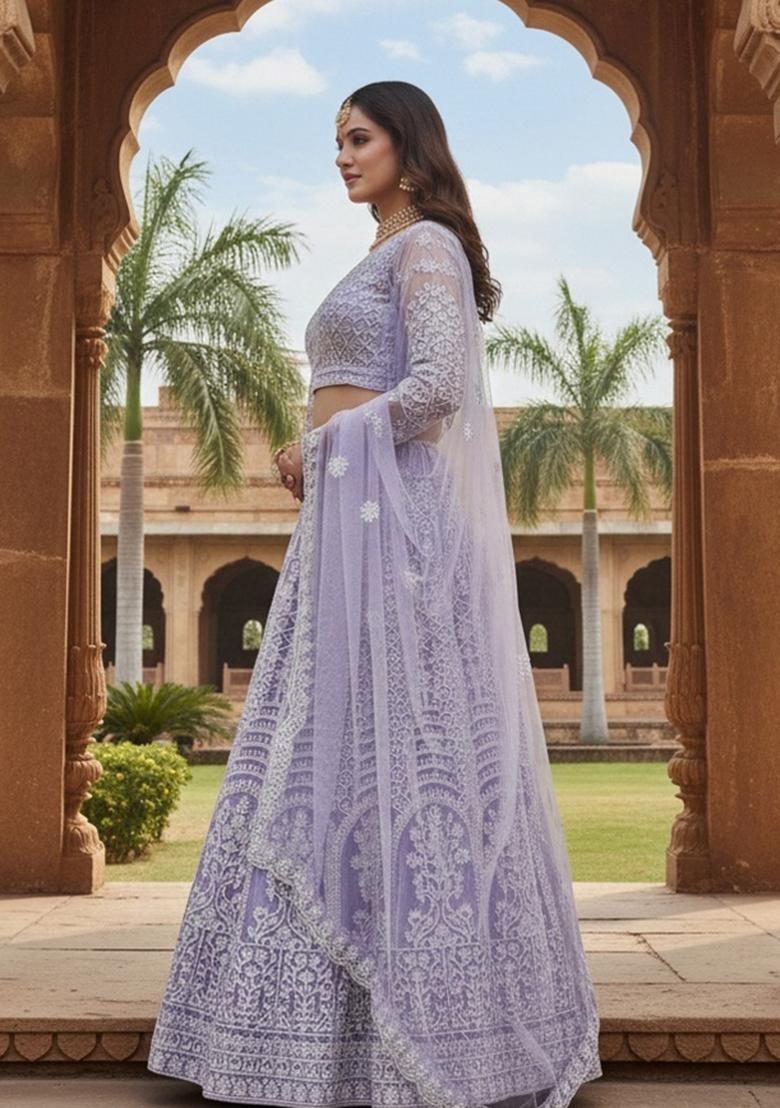 Lavender Embroidered Net Lehenga Set - Indya