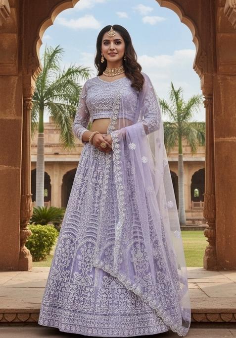 Lavender Embroidered Net Lehenga Set