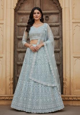 Sky Blue Embroidered Net Lehenga Set