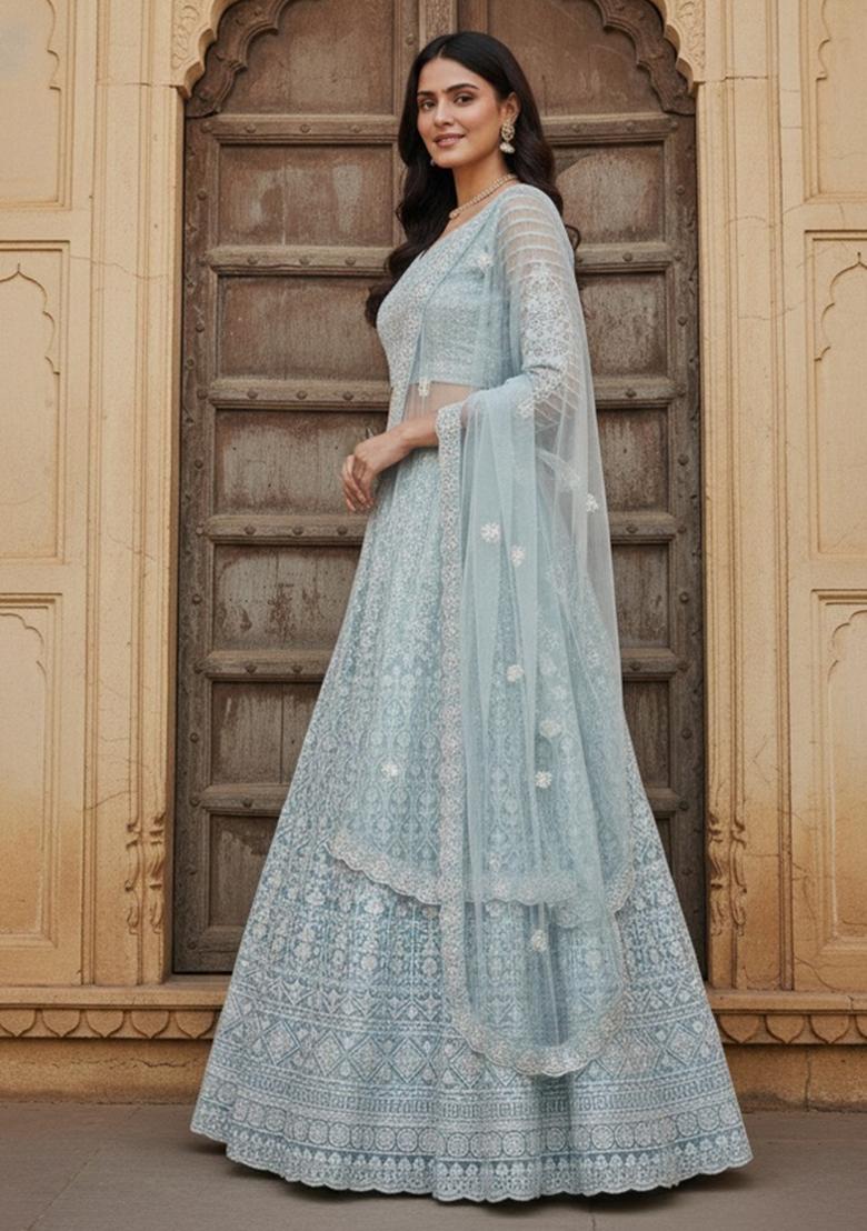 Sky Blue Embroidered Net Lehenga Set - Indya