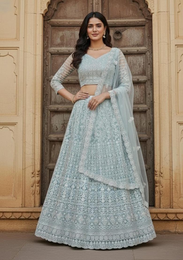 Sky Blue Embroidered Net Lehenga Set - Indya