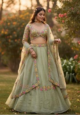 Pista Embroidered Silk Blend Lehenga Set