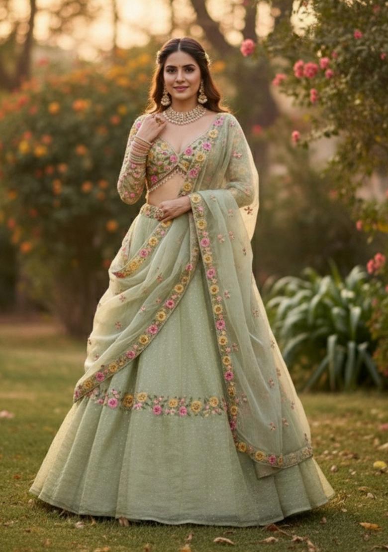 Pista Embroidered Silk Blend Lehenga Set - Indya