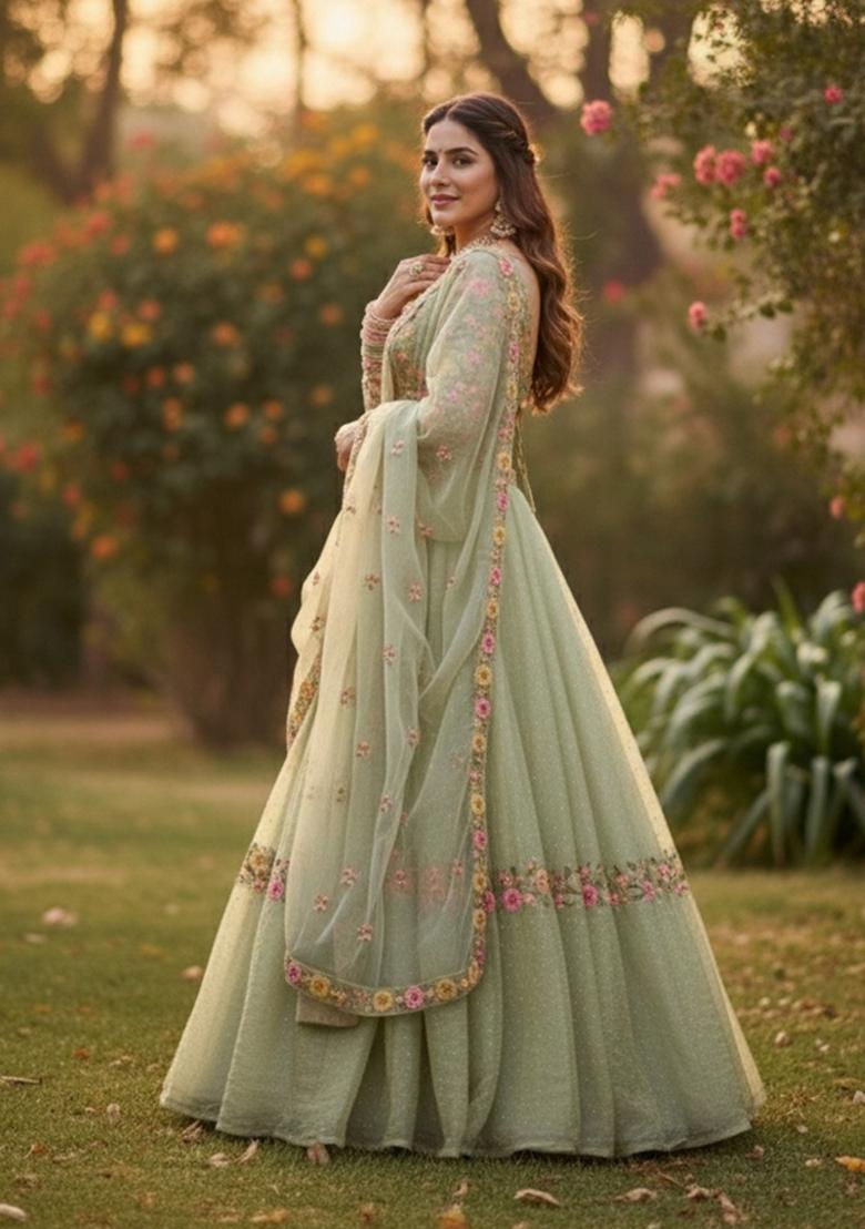 Pista Embroidered Silk Blend Lehenga Set - Indya