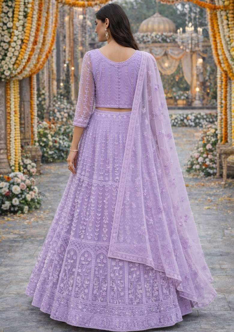 Lavender Embroidered Net Lehenga Set for Diwali and Festive Wear - Indya