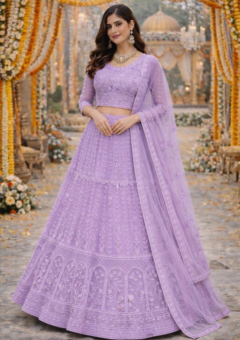 Lavender Embroidered Net Lehenga Set - Indya